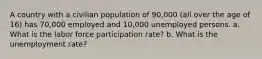 A country with a civilian population of 90,000 (all over the age of 16) has 70,000 employed and 10,000 unemployed persons. a. What is the labor force participation rate? b. What is the unemployment rate?