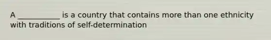 A ___________ is a country that contains <a href='https://www.questionai.com/knowledge/keWHlEPx42-more-than' class='anchor-knowledge'>more than</a> one ethnicity with traditions of self-determination