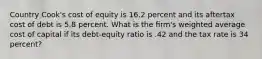 Country Cook's cost of equity is 16.2 percent and its aftertax cost of debt is 5.8 percent. What is the ﬁrm's weighted average cost of capital if its debt-equity ratio is .42 and the tax rate is 34 percent?