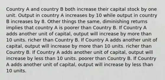 Country A and country B both increase their capital stock by one unit. Output in country A increases by 10 while output in country B increases by 8. Other things the same, diminishing returns implies that country A is poorer than Country B. If Country A adds another unit of capital, output will increase by more than 10 units. richer than Country B. If Country A adds another unit of capital, output will increase by more than 10 units. richer than Country B. If Country A adds another unit of capital, output will increase by less than 10 units. poorer than Country B. If Country A adds another unit of capital, output will increase by less than 10 units.