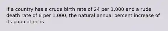 If a country has a crude birth rate of 24 per 1,000 and a rude death rate of 8 per 1,000, the natural annual percent increase of its population is