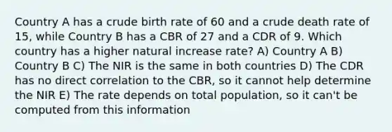 Country A has a crude birth rate of 60 and a crude death rate of 15, while Country B has a CBR of 27 and a CDR of 9. Which country has a higher natural increase rate? A) Country A B) Country B C) The NIR is the same in both countries D) The CDR has no direct correlation to the CBR, so it cannot help determine the NIR E) The rate depends on total population, so it can't be computed from this information