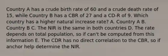 Country A has a crude birth rate of 60 and a crude death rate of 15, while Country B has a CBR of 27 and a CD-R of 9. Which country has a higher natural increase rate? A. Country A B. Country B C. The NIR is the same in both countries D. The rate depends on total population, so if can't be computed from this information E. The CDR has no direct correlation to the CBR, so if anchor help determine the NIR.