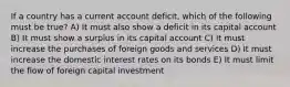 If a country has a current account deficit, which of the following must be true? A) It must also show a deficit in its capital account B) It must show a surplus in its capital account C) It must increase the purchases of foreign goods and services D) It must increase the domestic interest rates on its bonds E) It must limit the flow of foreign capital investment