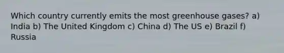 Which country currently emits the most greenhouse gases? a) India b) The United Kingdom c) China d) The US e) Brazil f) Russia