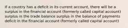 If a country has a deficit in its current account, there will be a surplus in the financial account (formerly called capital account) surplus in the trade balance surplus in the balance of payments deficit in the financial account (formerly called capital account)