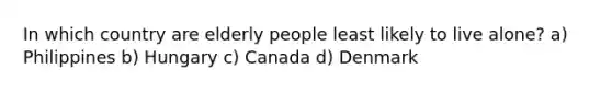 In which country are elderly people least likely to live alone? a) Philippines b) Hungary c) Canada d) Denmark