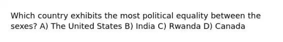 Which country exhibits the most political equality between the sexes? A) The United States B) India C) Rwanda D) Canada