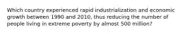 Which country experienced rapid industrialization and economic growth between 1990 and 2010, thus reducing the number of people living in extreme poverty by almost 500 million?