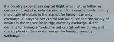 If a country experiences capital flight, which of the following curves shift right? a. only the demand for loanable funds. b. only the supply of dollars in the market for foreign-currency exchange. c. only the net capital outflow curve and the supply of dollars in the market for foreign currency exchange. d. the demand for loanable funds, the net capital outflow curve, and the supply of dollars in the market for foreign currency exchange.