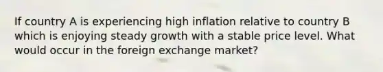 If country A is experiencing high inflation relative to country B which is enjoying steady growth with a stable price level. What would occur in the foreign exchange market?