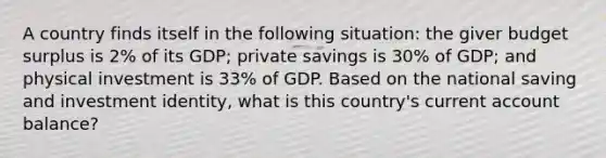 A country finds itself in the following situation: the giver budget surplus is 2% of its GDP; private savings is 30% of GDP; and physical investment is 33% of GDP. Based on the national saving and investment identity, what is this country's current account balance?