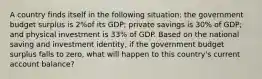 A country finds itself in the following situation: the government budget surplus is 2%of its GDP; private savings is 30% of GDP; and physical investment is 33% of GDP. Based on the national saving and investment identity, if the government budget surplus falls to zero, what will happen to this country's current account balance?