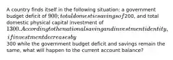 A country finds itself in the following situation: a government budget deficit of 900; total domestic savings of200, and total domestic physical capital investment of 1300. According to the national saving and investment identity, if investment decreases by300 while the government budget deficit and savings remain the same, what will happen to the current account balance?