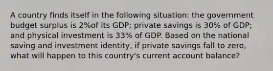 A country finds itself in the following situation: the government budget surplus is 2%of its GDP; private savings is 30% of GDP; and physical investment is 33% of GDP. Based on the national saving and investment identity, if private savings fall to zero, what will happen to this country's current account balance?