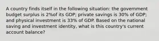 A country finds itself in the following situation: the government budget surplus is 2%of its GDP; private savings is 30% of GDP; and physical investment is 33% of GDP. Based on the national saving and investment identity, what is this country's current account balance?