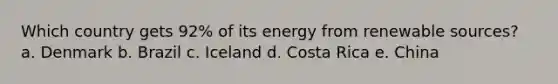 Which country gets 92% of its energy from renewable sources? a. Denmark b. Brazil c. Iceland d. Costa Rica e. China