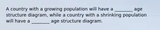 A country with a growing population will have a ________ age structure diagram, while a country with a shrinking population will have a ________ age structure diagram.