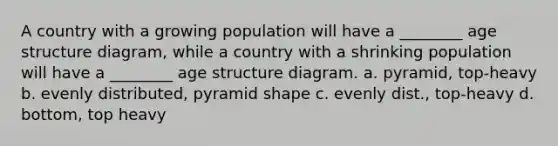 A country with a growing population will have a ________ age structure diagram, while a country with a shrinking population will have a ________ age structure diagram. a. pyramid, top-heavy b. evenly distributed, pyramid shape c. evenly dist., top-heavy d. bottom, top heavy