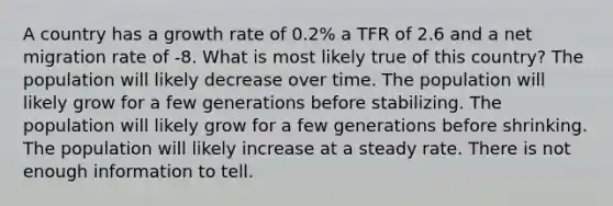 A country has a growth rate of 0.2% a TFR of 2.6 and a net migration rate of -8. What is most likely true of this country? The population will likely decrease over time. The population will likely grow for a few generations before stabilizing. The population will likely grow for a few generations before shrinking. The population will likely increase at a steady rate. There is not enough information to tell.