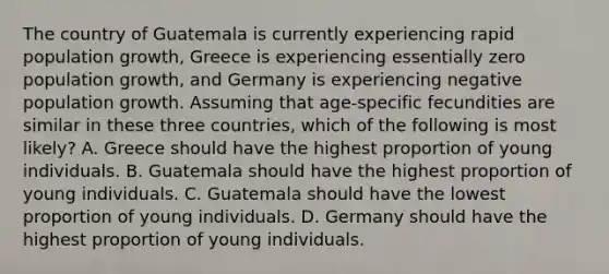 The country of Guatemala is currently experiencing rapid population growth, Greece is experiencing essentially zero population growth, and Germany is experiencing negative population growth. Assuming that age-specific fecundities are similar in these three countries, which of the following is most likely? A. Greece should have the highest proportion of young individuals. B. Guatemala should have the highest proportion of young individuals. C. Guatemala should have the lowest proportion of young individuals. D. Germany should have the highest proportion of young individuals.