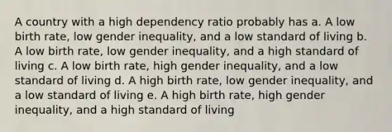 A country with a high dependency ratio probably has a. A low birth rate, low gender inequality, and a low standard of living b. A low birth rate, low gender inequality, and a high standard of living c. A low birth rate, high gender inequality, and a low standard of living d. A high birth rate, low gender inequality, and a low standard of living e. A high birth rate, high gender inequality, and a high standard of living