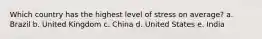 Which country has the highest level of stress on average? a. Brazil b. United Kingdom c. China d. United States e. India