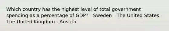 Which country has the highest level of total government spending as a percentage of GDP? - Sweden - The United States - The United Kingdom - Austria