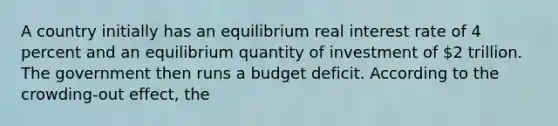 A country initially has an equilibrium real interest rate of 4 percent and an equilibrium quantity of investment of 2 trillion. The government then runs a budget deficit. According to the crowding-out effect, the