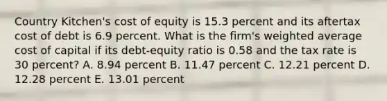 Country Kitchen's cost of equity is 15.3 percent and its aftertax cost of debt is 6.9 percent. What is the firm's weighted average cost of capital if its debt-equity ratio is 0.58 and the tax rate is 30 percent? A. 8.94 percent B. 11.47 percent C. 12.21 percent D. 12.28 percent E. 13.01 percent