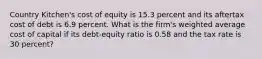 Country Kitchen's cost of equity is 15.3 percent and its aftertax cost of debt is 6.9 percent. What is the firm's weighted average cost of capital if its debt-equity ratio is 0.58 and the tax rate is 30 percent?