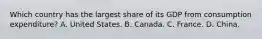 Which country has the largest share of its GDP from consumption​ expenditure? A. United States. B. Canada. C. France. D. China.
