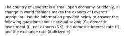 The country of Leverett is a small open economy. Suddenly, a change in world fashions makes the exports of Leverett unpopular. Use the information provided below to answer the following questions about national saving (S), domestic investment (I), net exports (NX), the domestic interest rate (r), and the exchange rate (italicized e).