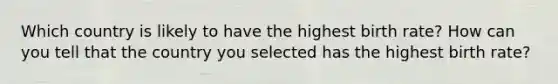 Which country is likely to have the highest birth rate? How can you tell that the country you selected has the highest birth rate?