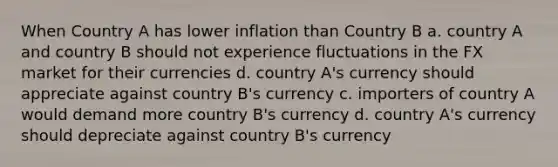 When Country A has lower inflation than Country B a. country A and country B should not experience fluctuations in the FX market for their currencies d. country A's currency should appreciate against country B's currency c. importers of country A would demand more country B's currency d. country A's currency should depreciate against country B's currency