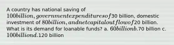 A country has national saving of 100 billion, government expenditures of30 billion, domestic investment of 80 billion, and net capital outflow of20 billion. What is its demand for loanable funds? a. 60 billion b.70 billion c. 100 billion d.120 billion