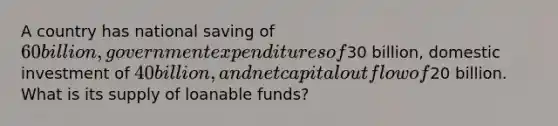 A country has national saving of 60 billion, government expenditures of30 billion, domestic investment of 40 billion, and net capital outflow of20 billion. What is its supply of loanable funds?