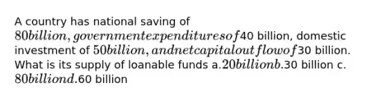 A country has national saving of 80 billion, government expenditures of40 billion, domestic investment of 50 billion, and net capital outflow of30 billion. What is its supply of loanable funds a.20 billion b.30 billion c.80 billion d.60 billion