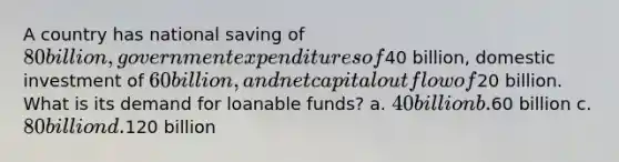 A country has national saving of 80 billion, government expenditures of40 billion, domestic investment of 60 billion, and net capital outflow of20 billion. What is its demand for loanable funds? a. 40 billion b.60 billion c. 80 billion d.120 billion