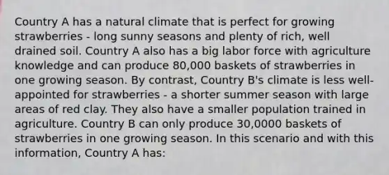 Country A has a natural climate that is perfect for growing strawberries - long sunny seasons and plenty of rich, well drained soil. Country A also has a big labor force with agriculture knowledge and can produce 80,000 baskets of strawberries in one growing season. By contrast, Country B's climate is less well-appointed for strawberries - a shorter summer season with large areas of red clay. They also have a smaller population trained in agriculture. Country B can only produce 30,0000 baskets of strawberries in one growing season. In this scenario and with this information, Country A has: