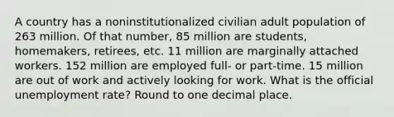 A country has a noninstitutionalized civilian adult population of 263 million. Of that number, 85 million are students, homemakers, retirees, etc. 11 million are marginally attached workers. 152 million are employed full- or part-time. 15 million are out of work and actively looking for work. What is the official unemployment rate? Round to one decimal place.