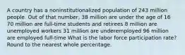 A country has a noninstitutionalized population of 243 million people. Out of that number, 38 million are under the age of 16 70 million are full-time students and retirees 8 million are unemployed workers 31 million are underemployed 96 million are employed full-time What is the labor force participation rate? Round to the nearest whole percentage.