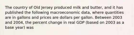 The country of Old Jersey produced milk and butter, and it has published the following macroeconomic data, where quantities are in gallons and prices are dollars per gallon. Between 2003 and 2004, the percent change in real GDP (based on 2003 as a base year) was