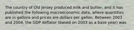 The country of Old Jersey produced milk and butter, and it has published the following macroeconomic data, where quantities are in gallons and prices are dollars per gallon. Between 2003 and 2004, the GDP deflator (based on 2003 as a base year) was