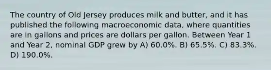 The country of Old Jersey produces milk and butter, and it has published the following macroeconomic data, where quantities are in gallons and prices are dollars per gallon. Between Year 1 and Year 2, nominal GDP grew by A) 60.0%. B) 65.5%. C) 83.3%. D) 190.0%.