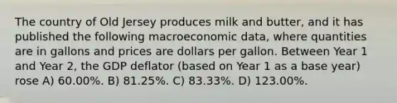 The country of Old Jersey produces milk and butter, and it has published the following macroeconomic data, where quantities are in gallons and prices are dollars per gallon. Between Year 1 and Year 2, the GDP deflator (based on Year 1 as a base year) rose A) 60.00%. B) 81.25%. C) 83.33%. D) 123.00%.