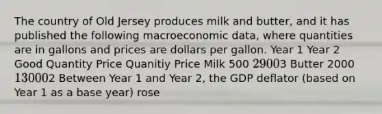 The country of Old Jersey produces milk and butter, and it has published the following macroeconomic data, where quantities are in gallons and prices are dollars per gallon. Year 1 Year 2 Good Quantity Price Quanitiy Price Milk 500 2 9003 Butter 2000 1 30002 Between Year 1 and Year 2, the GDP deflator (based on Year 1 as a base year) rose