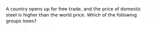 A country opens up for free trade, and the price of domestic steel is higher than the world price. Which of the following groups loses?