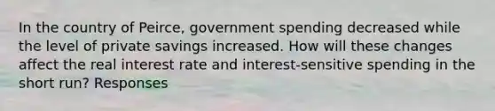 In the country of Peirce, government spending decreased while the level of private savings increased. How will these changes affect the real interest rate and interest-sensitive spending in the short run? Responses