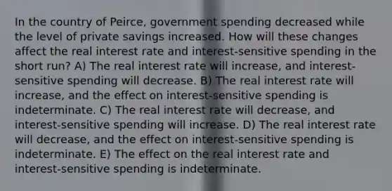 In the country of Peirce, government spending decreased while the level of private savings increased. How will these changes affect the real interest rate and interest-sensitive spending in the short run? A) The real interest rate will increase, and interest-sensitive spending will decrease. B) The real interest rate will increase, and the effect on interest-sensitive spending is indeterminate. C) The real interest rate will decrease, and interest-sensitive spending will increase. D) The real interest rate will decrease, and the effect on interest-sensitive spending is indeterminate. E) The effect on the real interest rate and interest-sensitive spending is indeterminate.